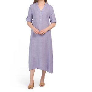 FRANCESCA BETTI Italy Linen Three-quarter Sleeve Midi Shirt Dress